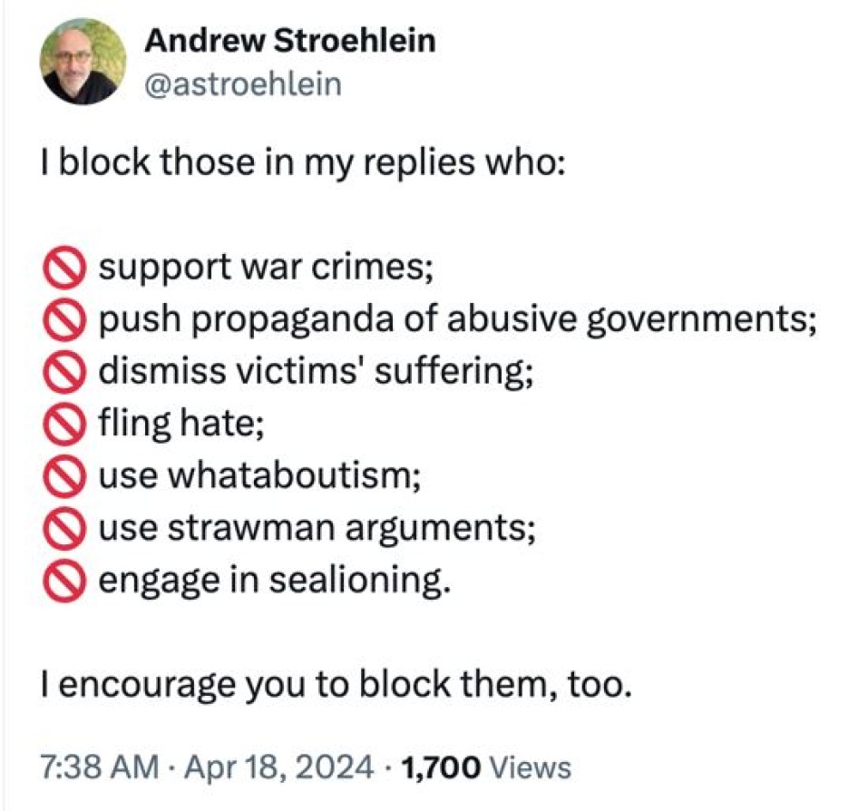 Andrew Stroehlein beschreibt in einem Beitrag auf X (ehemals Twitter) seine Richtlinien, nach denen er Personen auf seinen sozialen Netzwerkkonten blockiert.