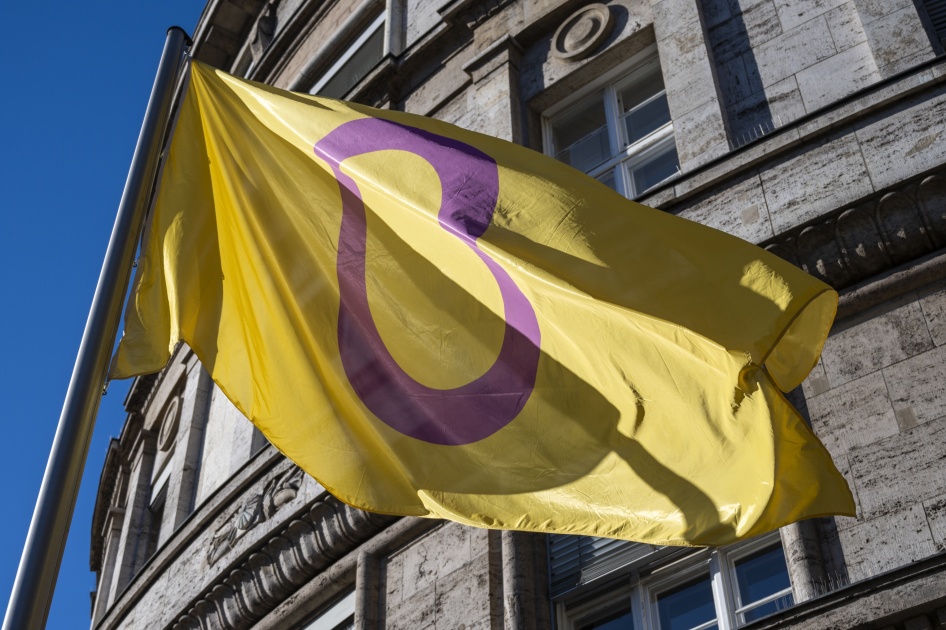 An Intersex flag raised in front of the Berlin Senate Department for Justice, Diversity and Anti-Discrimination. 
