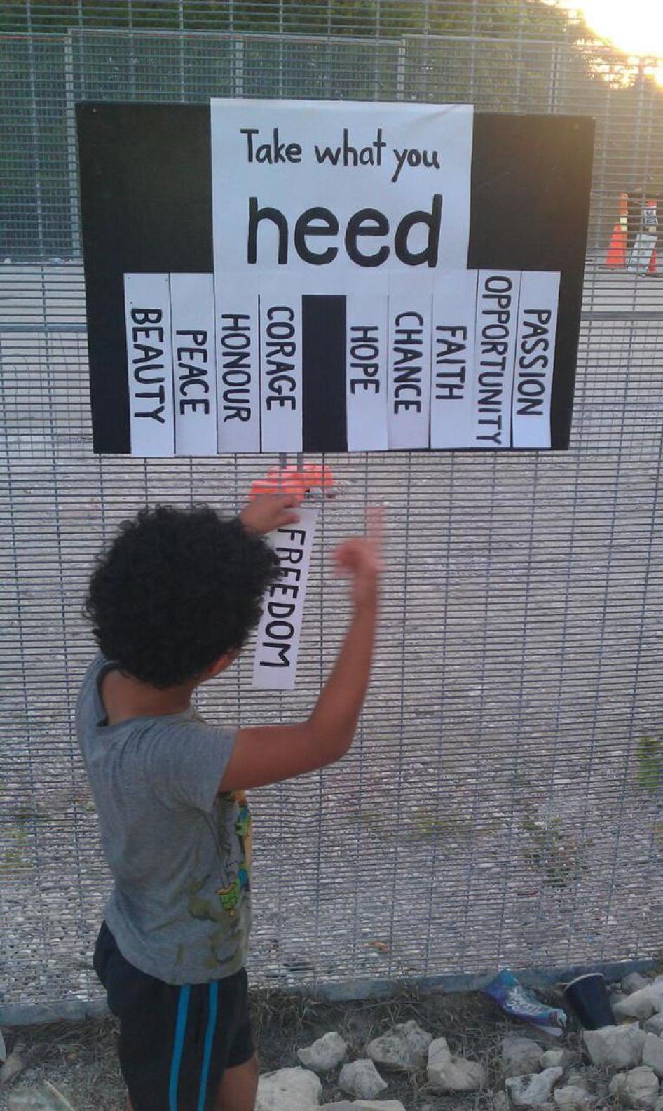 A child held at Australia’s offshore refugee processing center on Nauru chooses freedom as what he most needs. 
