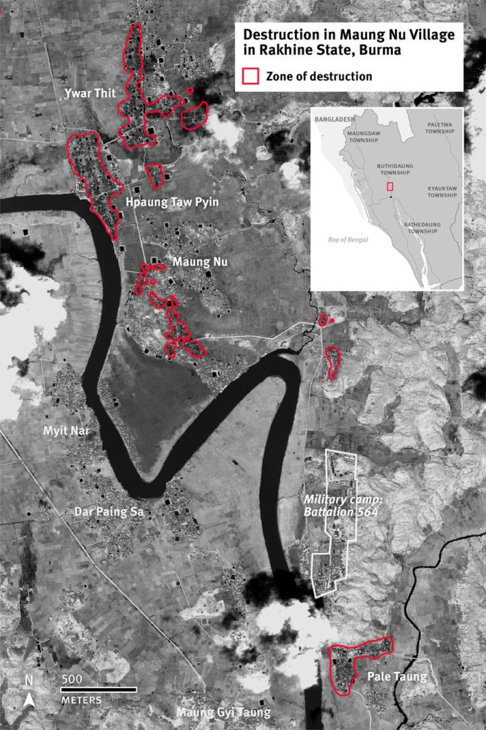 Image satellite montrant la zone de destruction dans le village de Maung Nu et ses environs, dans l’État de Rakhine en Birmanie, depuis août 2017.