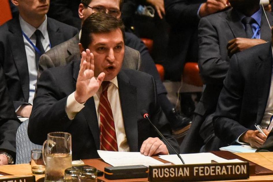 Vladimir Safronkov, le vice-ambassadeur de la Russie auprès de l'ONU, s’exprime lors de la réunion du Conseil de sécurité sur la situation en Syrie, au siège des Nations Unies à New York, le 7 avril 2017.