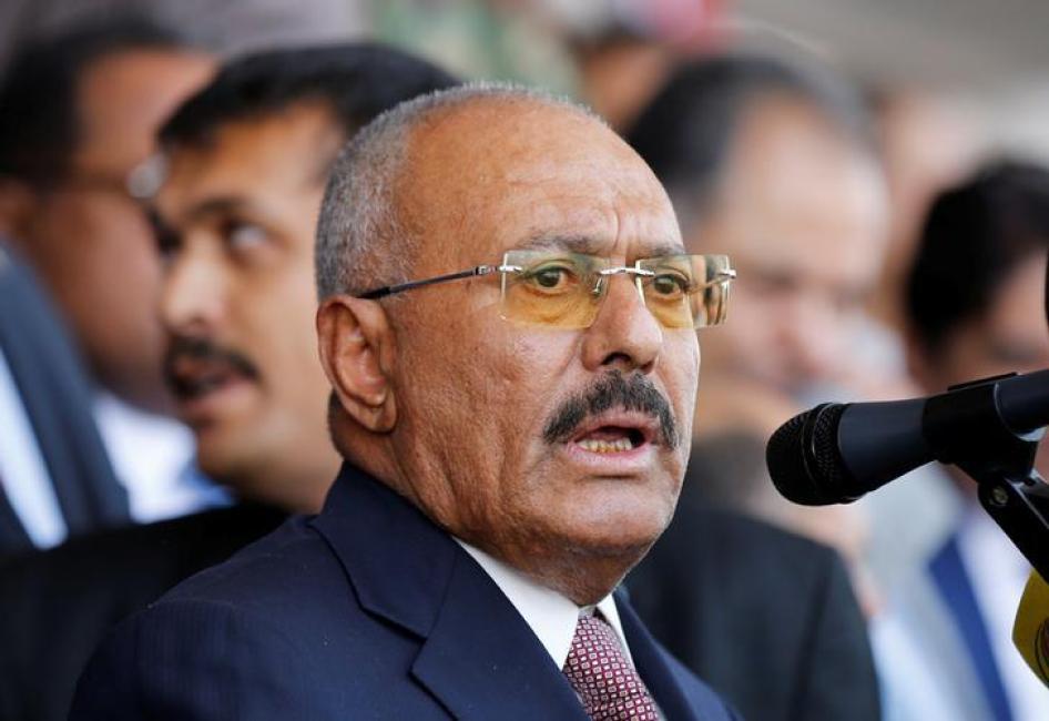 الرئيس اليمني السابق علي عبد الله صالح يلقي خطابا بمناسبة الذكرى الخامسة والثلاثين لإنشاء حزب المؤتمر الشعبي العام في صنعاء، اليمن، 24 أغسطس / آب 2017.