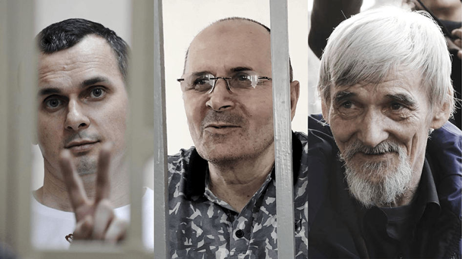 世足赛在俄罗斯举行，但（左起）奥列格．森佐夫（Oleg Sentsov）、奥尤布．提蒂耶夫（Oyub Titiev）和尤里．德米崔也夫（Yuri Dmitriev）等人仍在狱中。