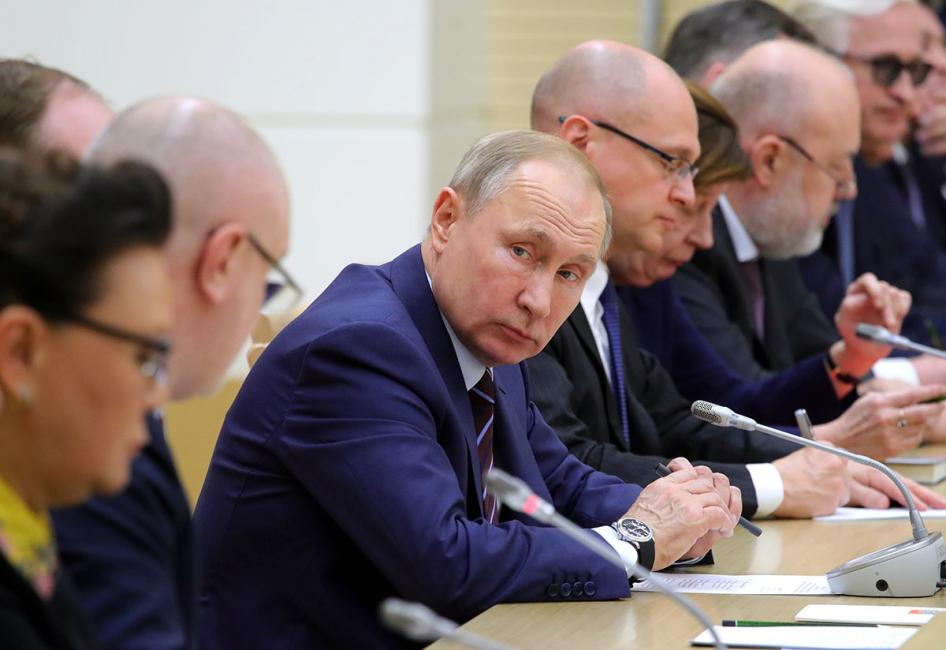 Russian President Vladimir Putin attends a meeting on drafting constitutional changes at the Novo-Ogaryovo residence outside Moscow, Russia, January 16, 2020.