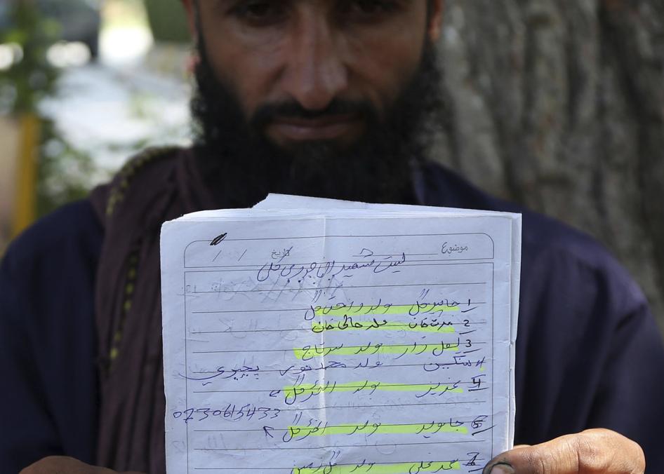عبدل جبار جنہوں نے اپنے خاندان کے چار افراد کھوئے، اُن دیہاتیوں کی فہرست دکھا رہے ہیں جو جلال آباد، افغانستان میں 19 ستمبر 2019 کو ایک فضائی حملے میں مارے گئے تھے۔ یکم اکتوبر 2019