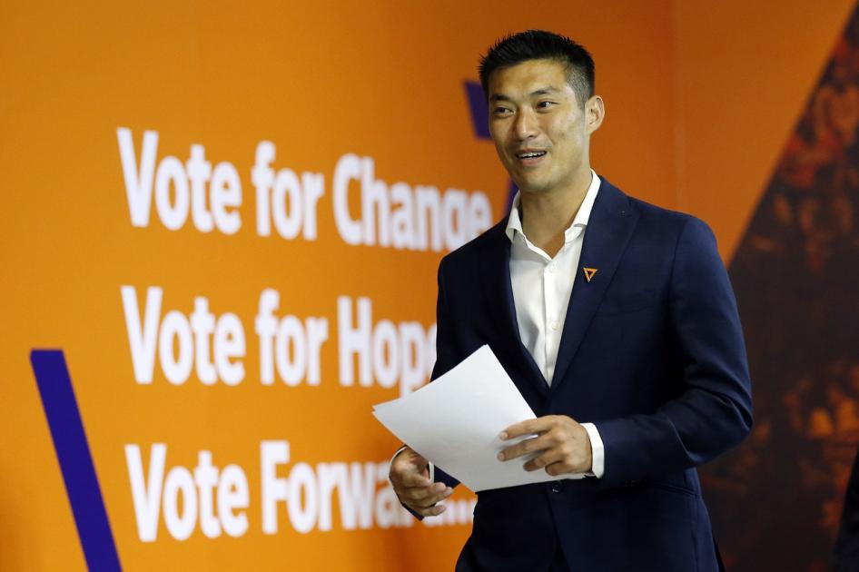 Future Forward Party leader Thanathorn Juangroongruangkit arrives for a press conference at the party's headquarters in Bangkok, Thailand, Monday, March 25, 2019.