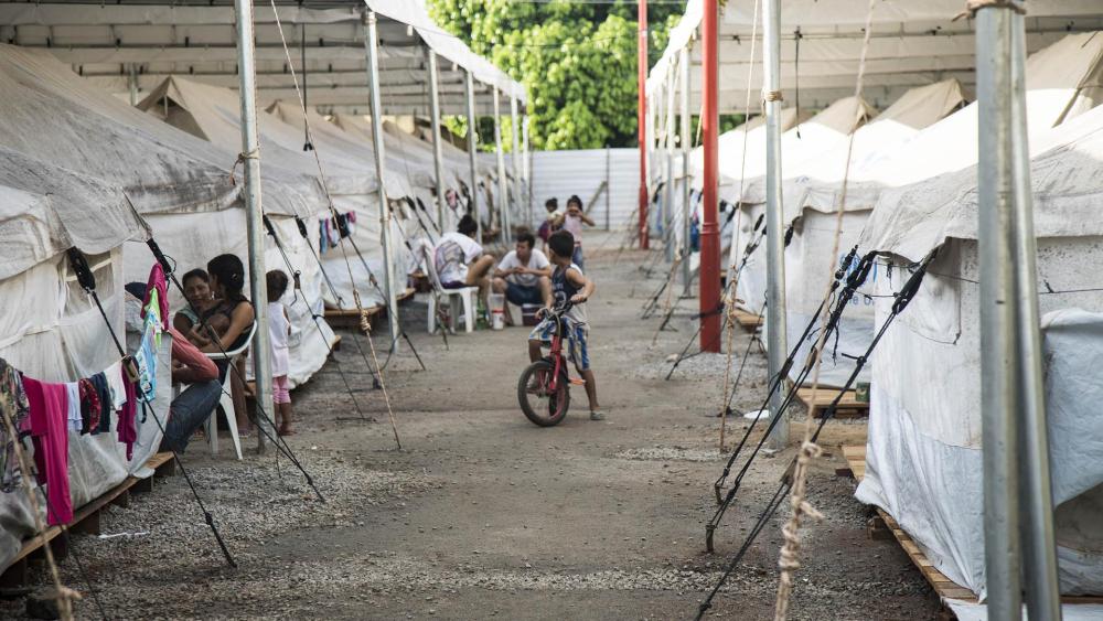 United Nations High Commissioner for Refugee tents at a shelter for Venezuelans in Boa Vista, Roraima state, Brazil on August 26, 2018. 