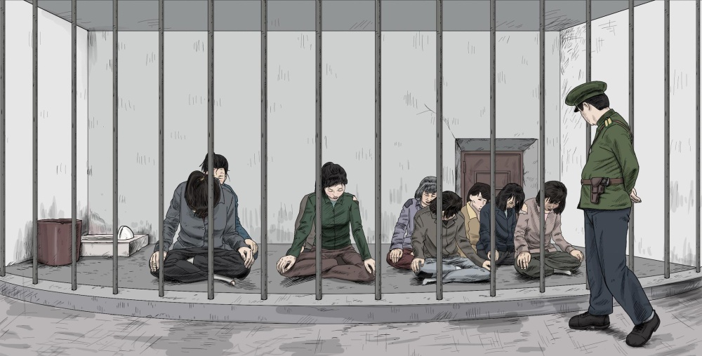 Women the sitting position in a pre-trial detention facility run by the police. Detainees are commonly forced to assume this position in pre-trial detention and temporary holding facilities.