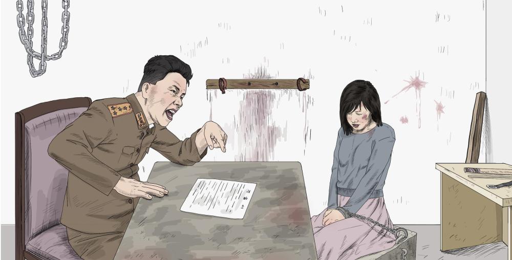 Un mujer es interrogada por un investigador de la policía secreta. Las personas que han sido anteriormente detenidas declaran que los investigadores de la policía secreta pueden acosar fácilmente durante el interrogatorio.