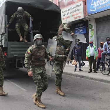 Soldiers in riot gear arrive to reinforce authorities after street merchants protested the seizure of their merchandise by the municipal police of Quito, Ecuador, Thursday, May 21, 2020.