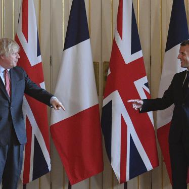 French President Emmanuel Macron, right, and Britain's Prime Minister Boris Johnson, during a visit to 10 Downing Street in London on June 18, 2020. 