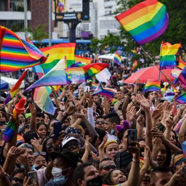 Flags of the LGTBIQ community raise and wave as people gather to protest and celebrate the International Pride Day celebrations in Cali, Colombia, July 4, 2021. 