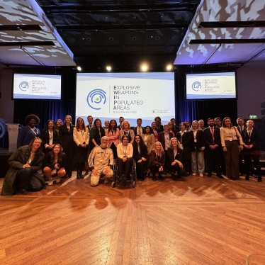 Civil society gather for a photo at the conclusion of the first international follow-up conference to the adoption of the Political Declaration on Strengthening the Protection of Civilians from the Use of Explosive Weapons in Populated Areas in Oslo on April 23rd, 2024. 
