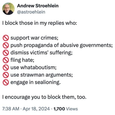 Andrew Stroehlein décrit les règles qu'il applique pour bloquer des personnes sur ses comptes de réseaux sociaux dans une publication sur Twitter.