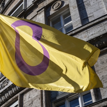 An Intersex flag raised in front of the Berlin Senate Department for Justice, Diversity and Anti-Discrimination. 