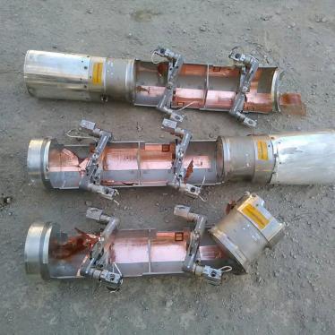 Remnants of BLU-108 canisters delivered by CBU-105 Sensor Fuzed Weapon collected at the quarry of the Amran Cement Factory after an attack on February 15, 2016.