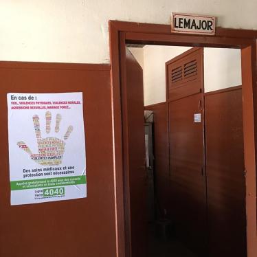 A sign emphasizing the importance of healthcare and protection for survivors of sexual violence at a hospital in Kaga Bandoro, Central African Republic. 