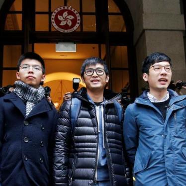 Pro-democracy activists Joshua Wong, Alex Chow and Nathan Law outside the Court of Final Appeal before a verdict on their appeal in Hong Kong, February 6, 2018.